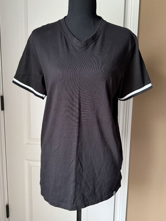 Wicked Fashions Inc Tops - Wicked Fashions Inc Black V-Neck Short Sleeve T-Shirt White Stripe Detail Medium